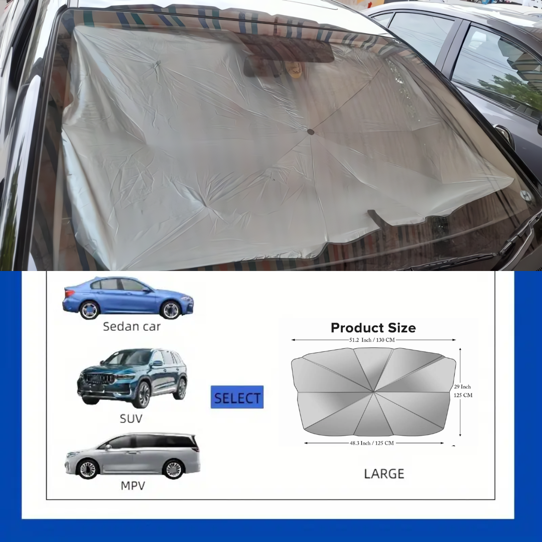 UNIVERSAL CAR UMBRELLA WINDSCREEN SUNSHADE 130 BY 75 CM FOR SUV -CROSS OVER -SEDAN CARS